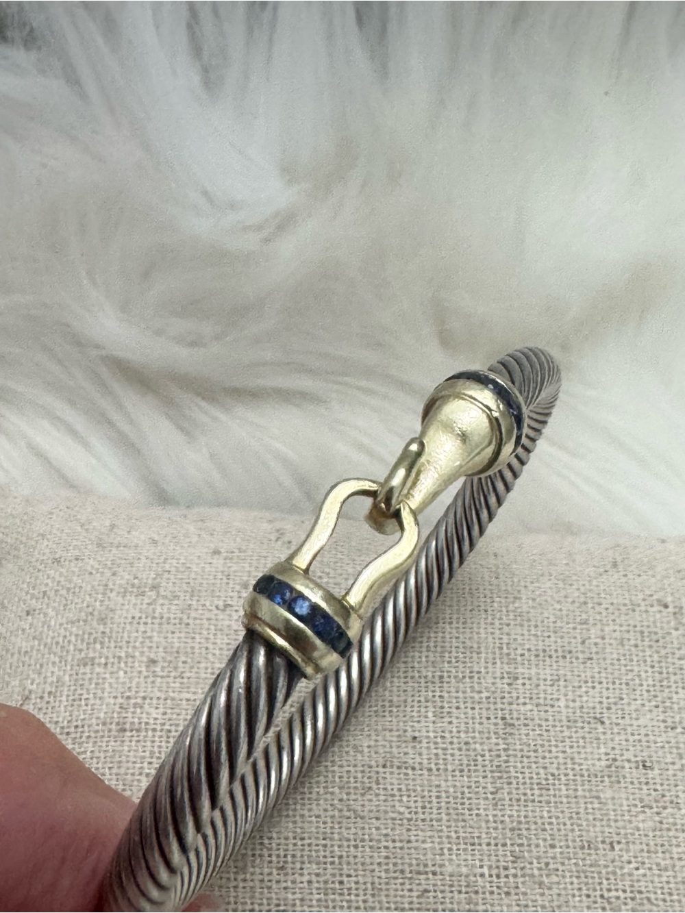 David Yurman .925 14K Gold 5mm Hook & Buckle Cable Bracelet w/Blue Sapphires - Picture 10 of 11